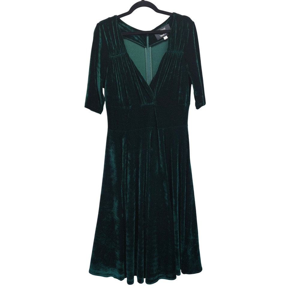 Collectif x ModCloth Green Velvet Fit Flare Dress V-Neck Emerald Midi Large